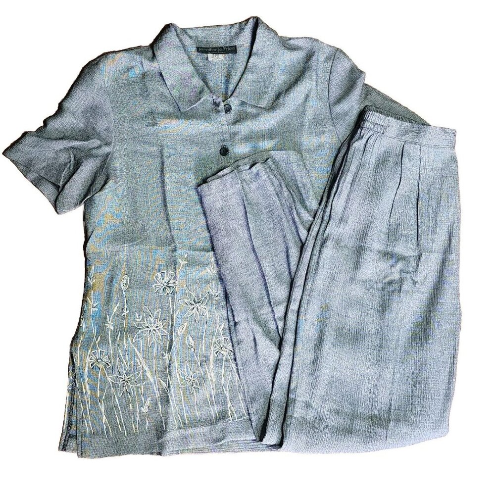 Jennifer Jeffries Set Womens 12 by Susan‎ Allison Gray Floral Detail Top Pants